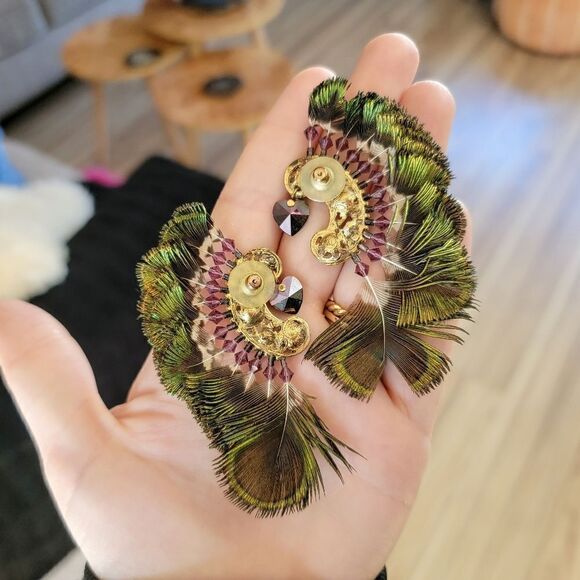 Artisan Filgree Ashlock Peacock Feather Amethyst 23k Gold Plated Earrings - Picture 9 of 12